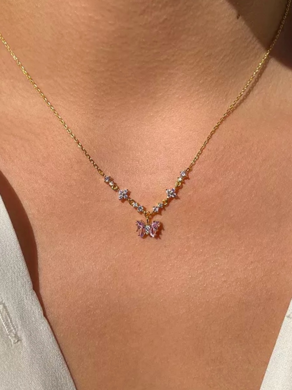 GIRLS CREW 18K Gold Plated Pink Faux Zirconia Flutter Love Butterfly Necklace